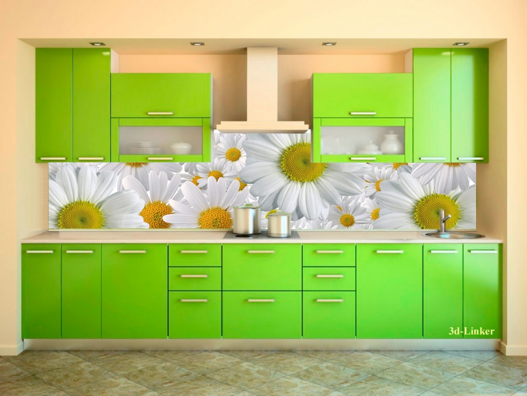 Лайм пермь. Кухонный гарнитур с ромашками. Кухня с зеленым фартуком. Кухонный гарнитур в зеленых тонах. Салатовый кухонный гарнитур.